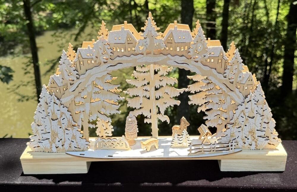 Illuminated Arch 3D Wooden Snowcapped Village Scenic Mountains 18”’long LED EUC
